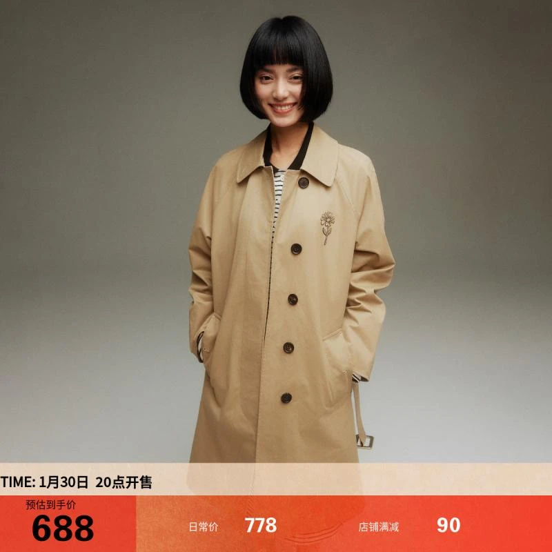 小虫×周小兜《墨线素描》童话手绘花朵章仔 髙级通勤感风衣外套