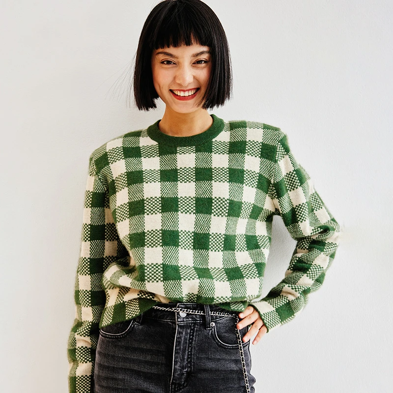 小虫设计师联名复古千鸟格新西兰帚尾袋貂经典圆领针织-TE3QMT113