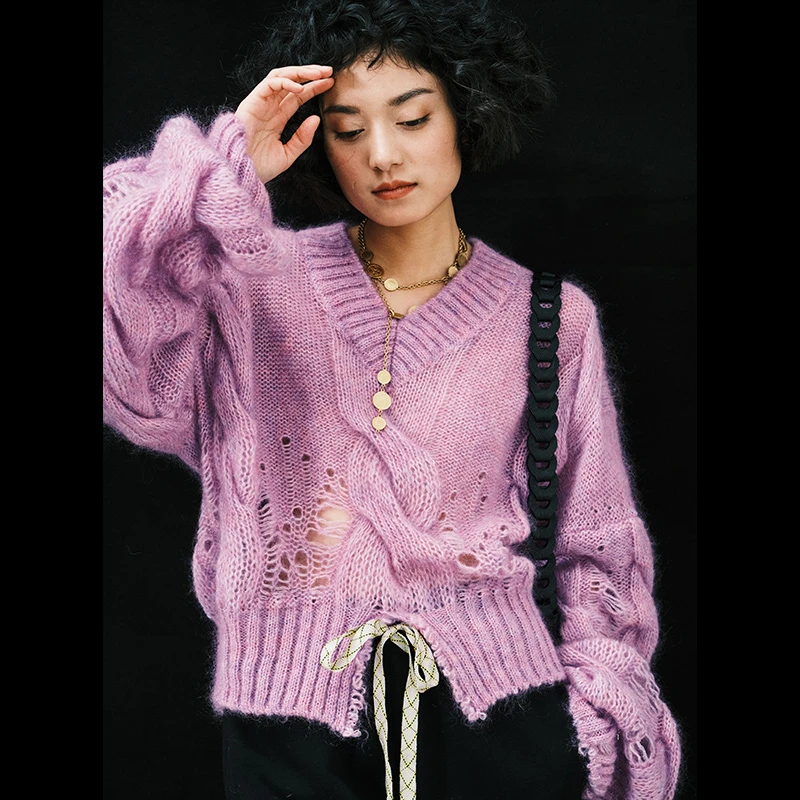 小虫Ale*ander Wang同款马海毛混纺绞花毛衣-TE2DMZ310