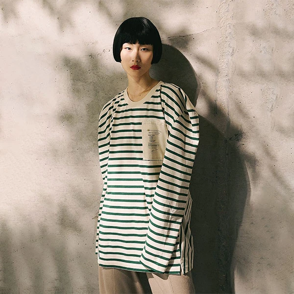 小虫进口IOO%棉亲肤绿白条纹套头卫衣裙连衣裙春秋长袖TE1QLY091