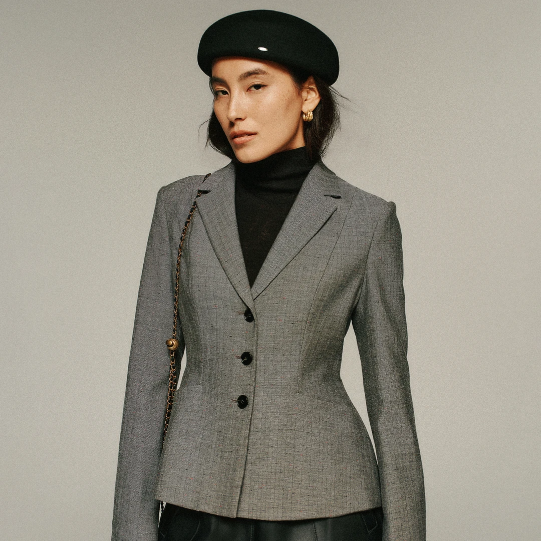 小虫美丽诺羊毛人字纹点子 纱显瘦收腰西装外套/半裙-T24QXZ006