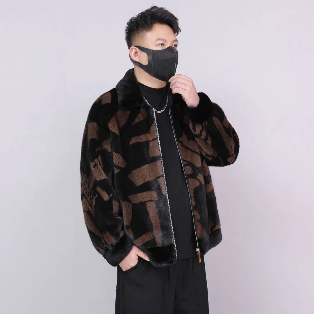 哥尔墨-丹麦紫金短二印花翻领时尚夹克水貂貂皮大衣外套男士方便