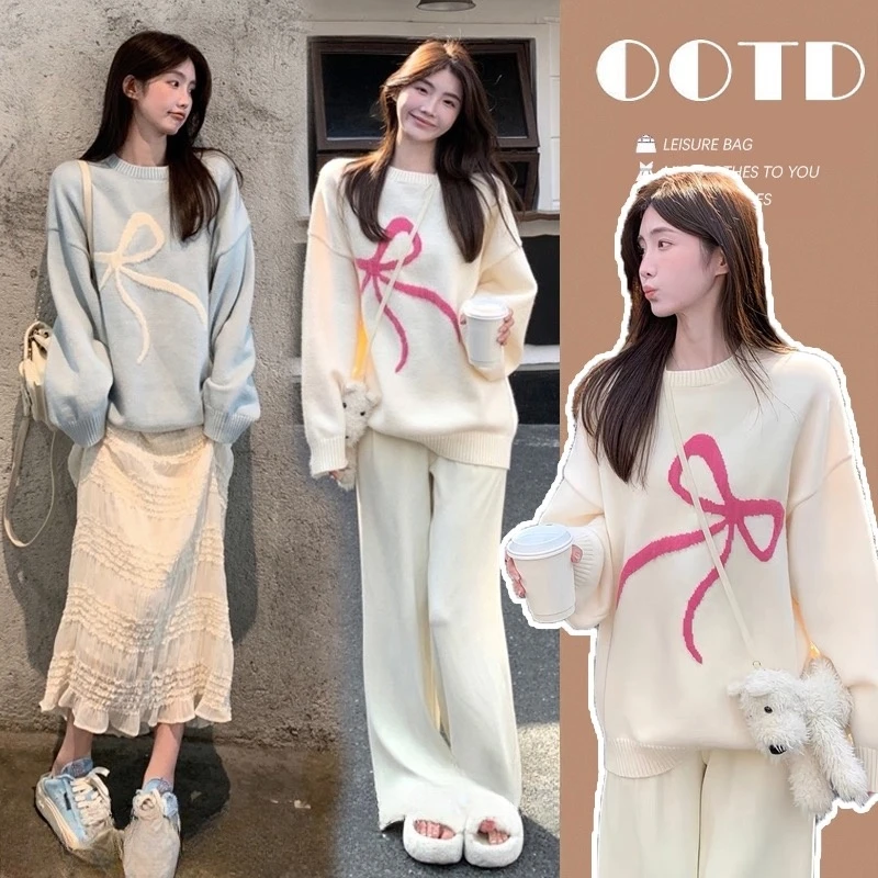 2024秋冬孕妇装韩系软糯蝴蝶结圆领百搭宽松慵懒风针织衫上衣