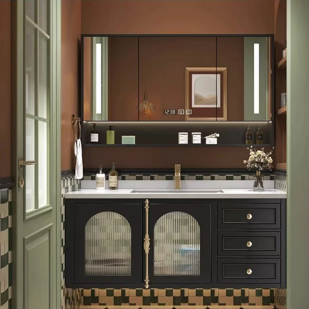 法式复古实木岩板无缝一体盆陶瓷一体盆浴室柜组合洗漱台