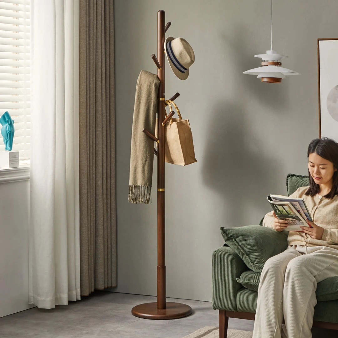 【铜素衣帽架】落地衣帽架简易实木挂衣架客厅立式家用衣服架简约