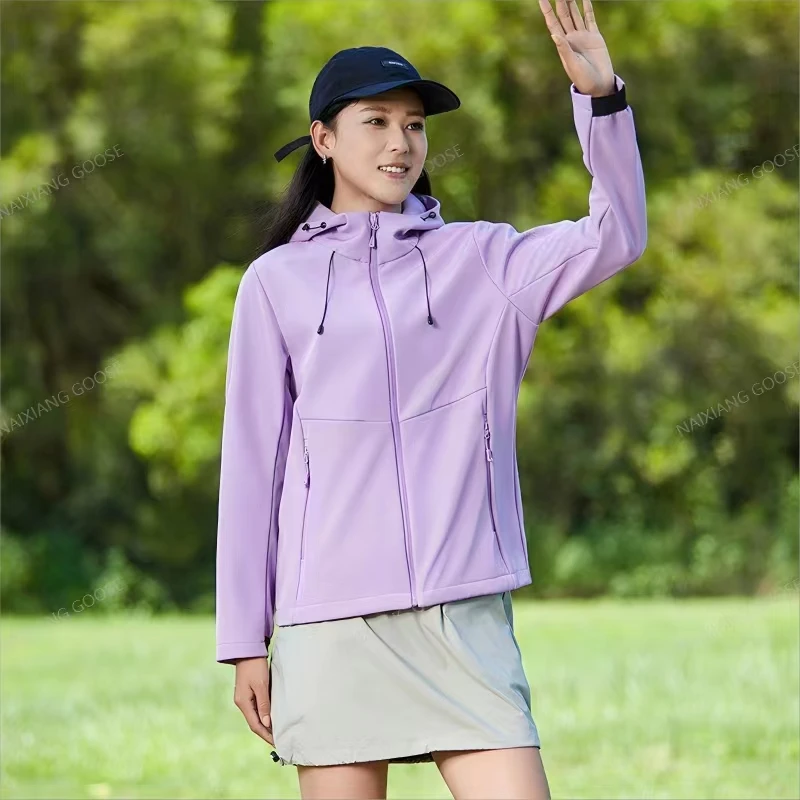 情侣款户外软壳衣秋冬季纯色保暖防风连帽外套上衣24A888