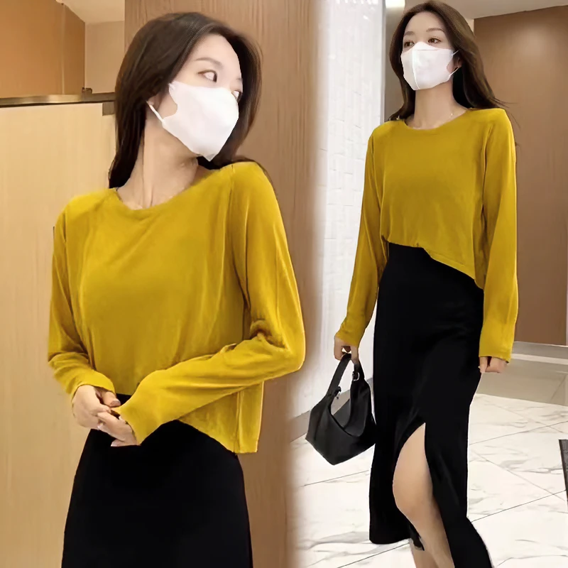 透明垫肩纯欲显瘦洋气气质百搭休闲长袖时尚网红针织T恤防晒健身