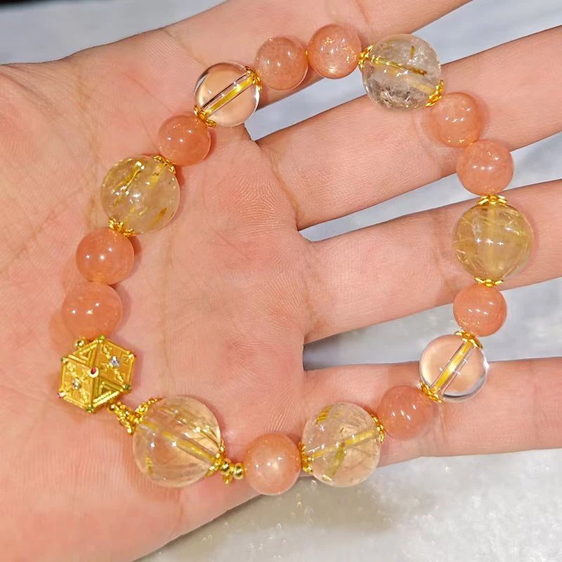 【原创劲抽米】925银太阳石白水晶金发晶水晶手串 [多样性发其一]