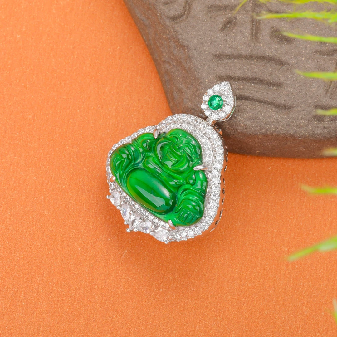 天然A货翡翠佛公绿色吊坠镶嵌挂坠复古精美绿多样性发其一不含链2