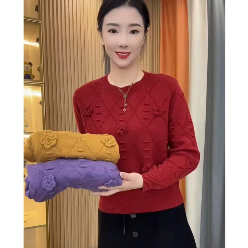 春秋新款宽松花朵针织衫套头上衣秋冬毛衣立体圆领纯色气质上衣