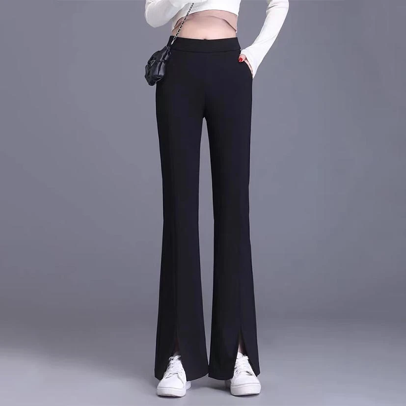 小个子开叉喇叭裤女高腰西装裤弹力百搭洋气微喇叭黑色高档九分裤