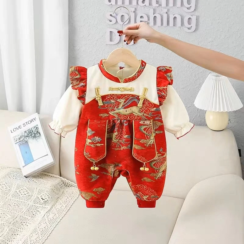 秋冬加绒新生儿婴幼儿连体衣满月百天周岁礼服宝宝冬季过年拜年服