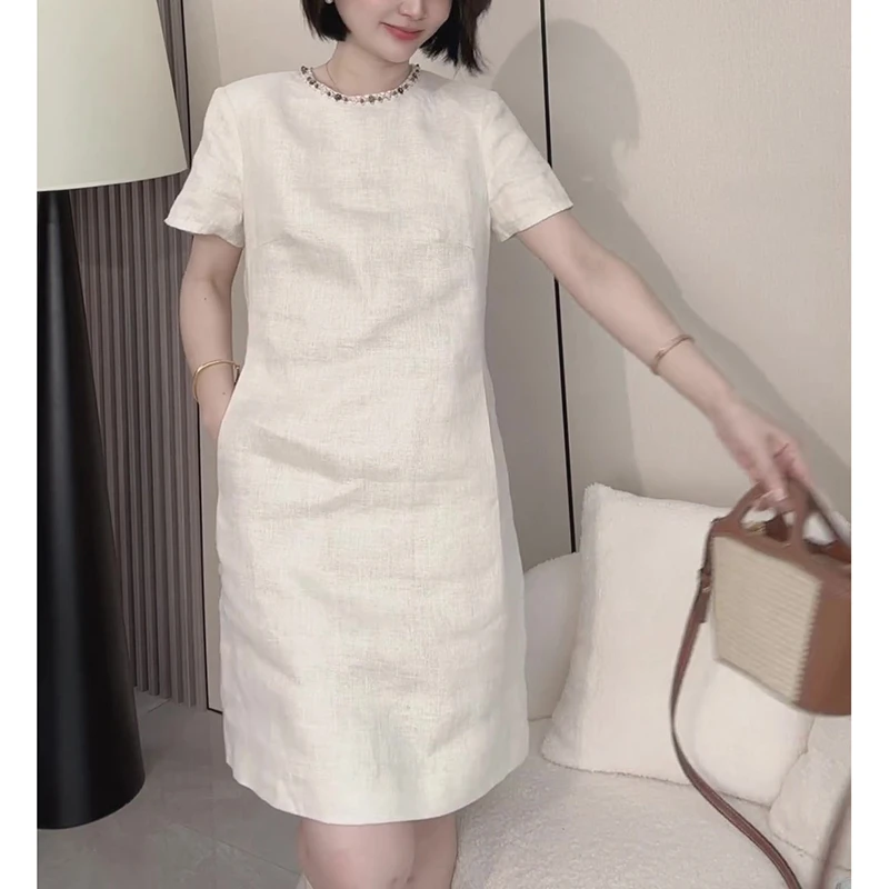 小香风彩色钉珠圆领短袖连衣裙女夏季高级感休闲气质宽松A字短裙