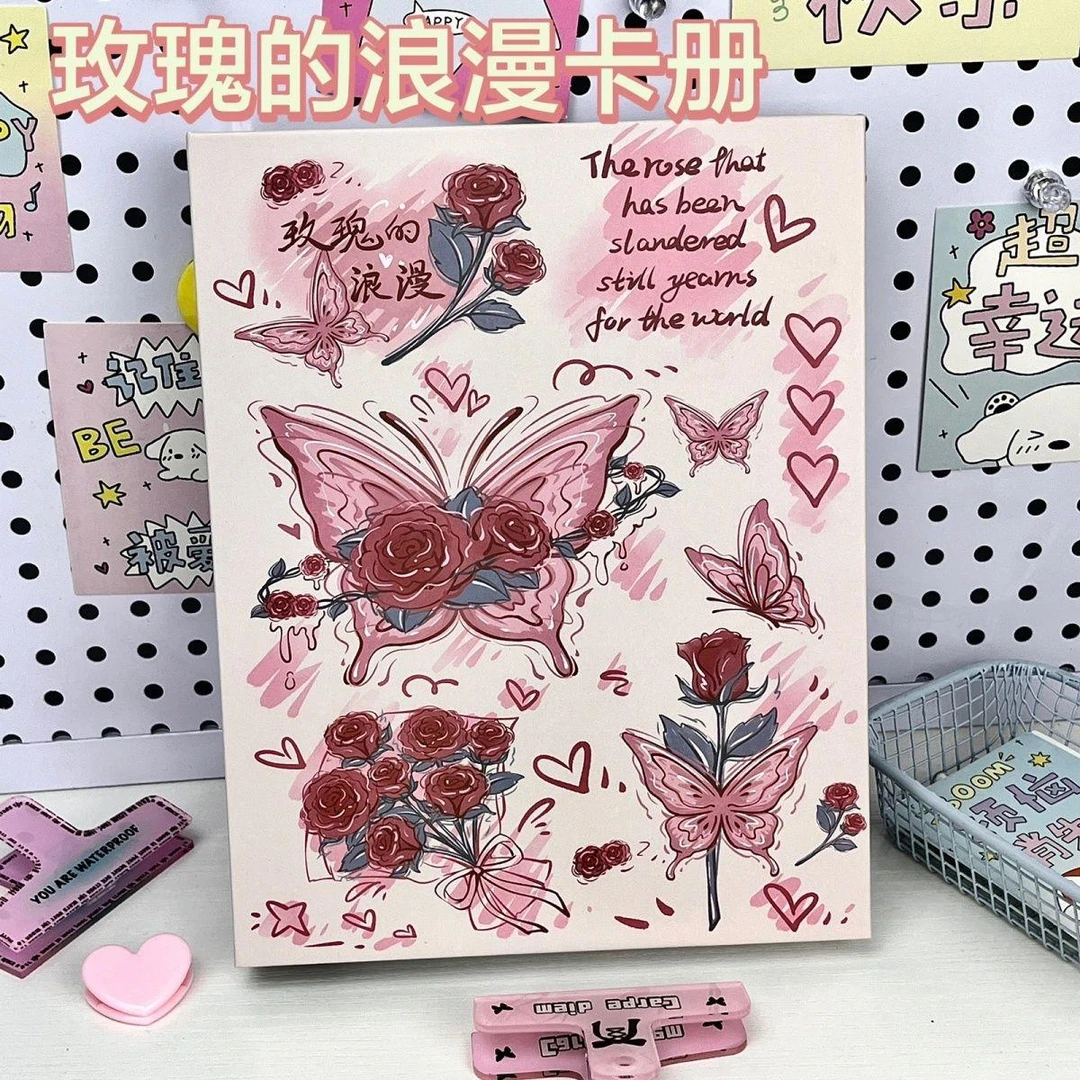 玫瑰的浪漫卡册硬壳A5四宫格开口活页相册拍立得小卡收纳册ins