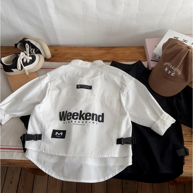 童装2024春季新款儿童纯色工装衬衣韩版宝宝长袖上衣男童工装衬衫