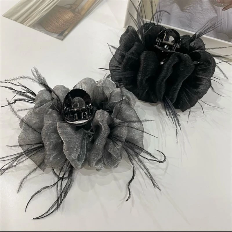 婉之恋网纱羽毛泡泡抓夹女发量多发夹气质高级感盘发鲨鱼夹发卡