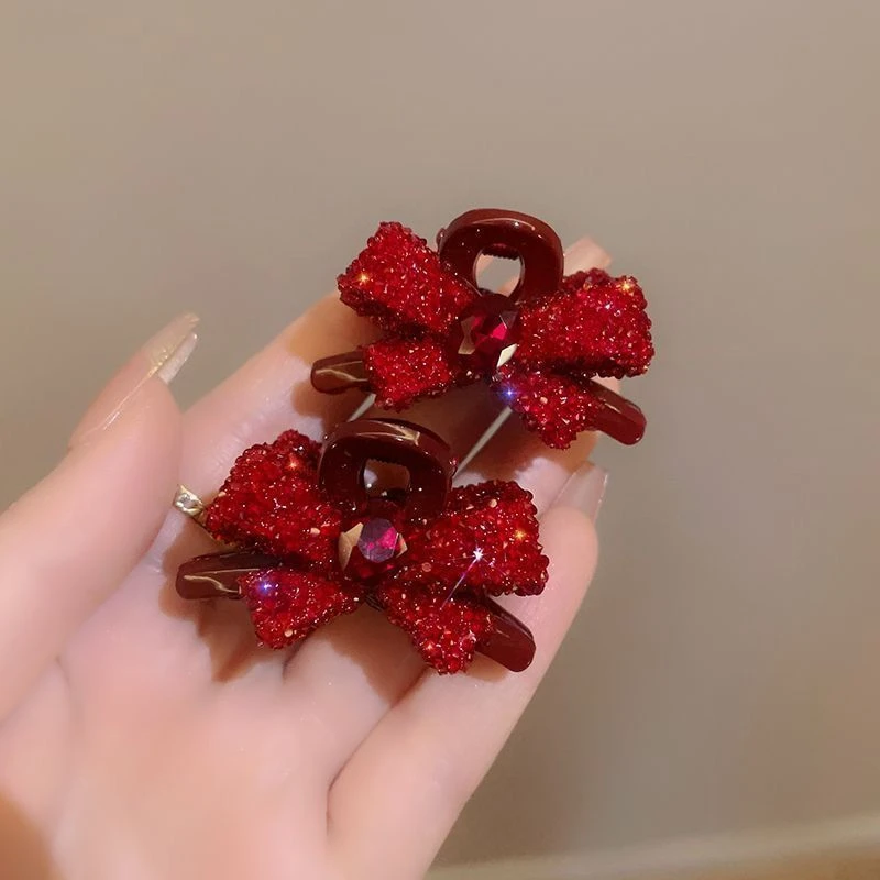 婉之恋高级感红色蝴蝶结水钻小抓夹简约气质刘海夹侧边碎发夹发饰
