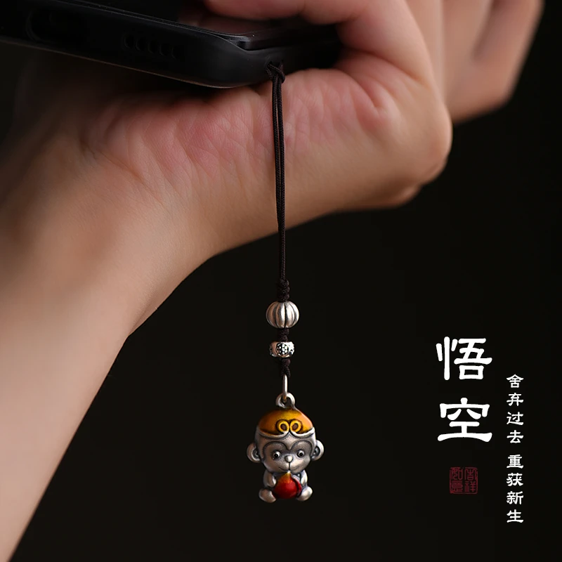 999纯银孙悟空手机链挂件男女创意神话周边diy高档包包钥匙扣挂饰