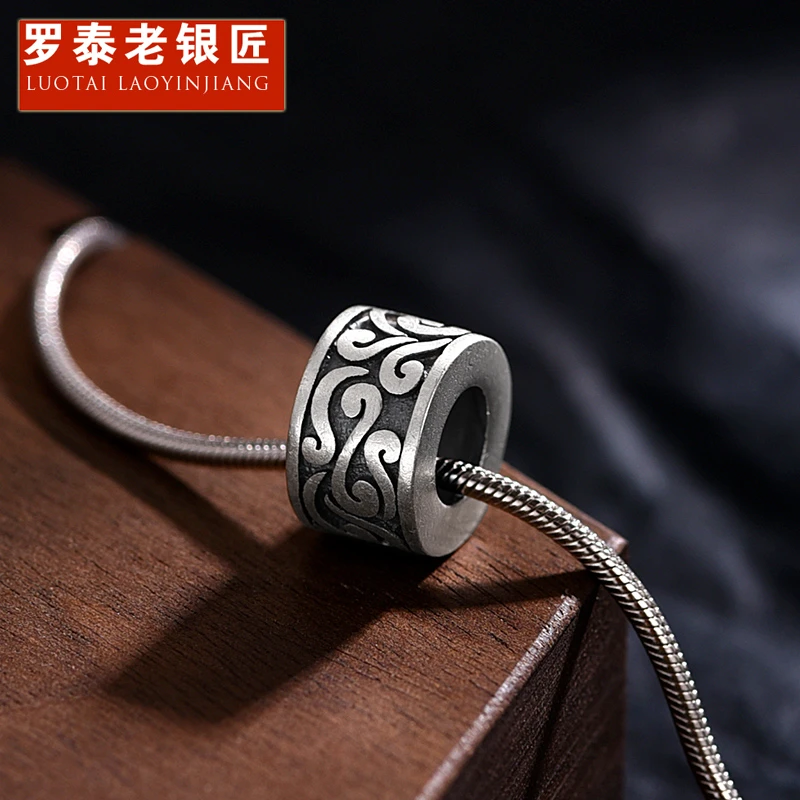 罗泰老银匠 吊坠足银 990足银唐草纹吊坠项链男士款蛇骨链锁骨链