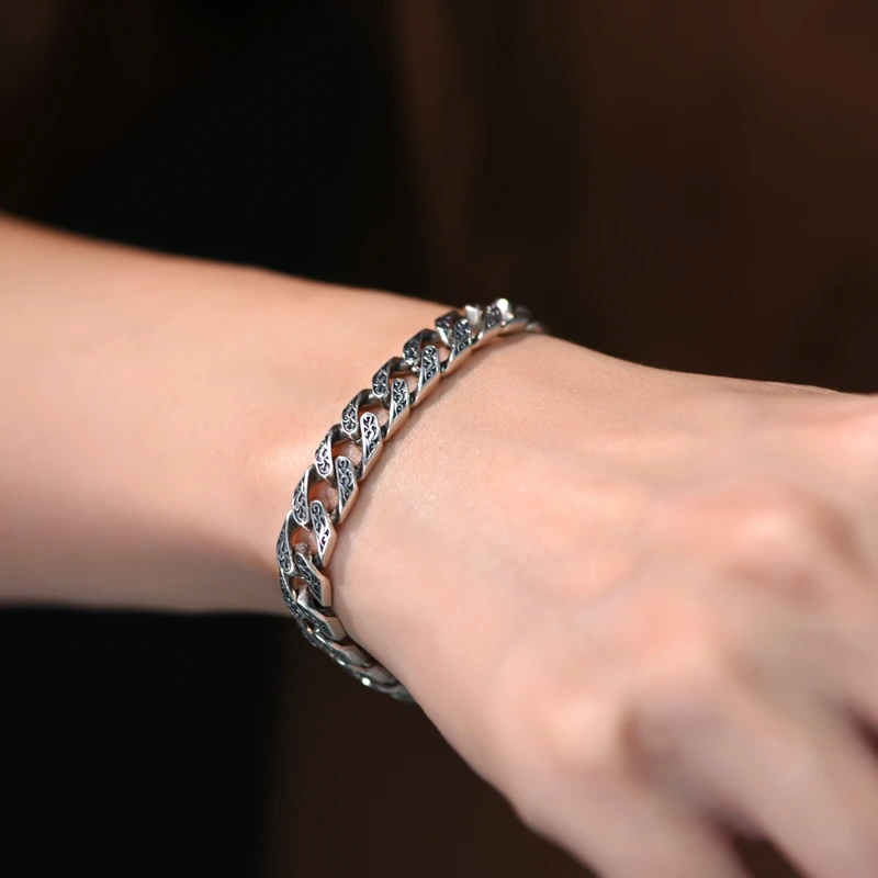 罗泰老银匠 925银手链 古巴手链男士款复古高级感唐草纹男生饰品