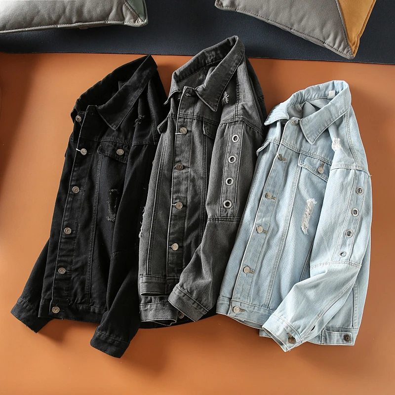 男士破洞水洗做旧韩版潮流春秋季青年休闲百搭牛仔夹克外套上衣潮