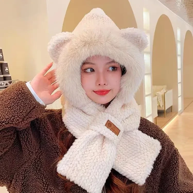 保暖围巾帽子一体可爱冬天保暖护耳帽小熊毛绒帽子骑车百搭加厚