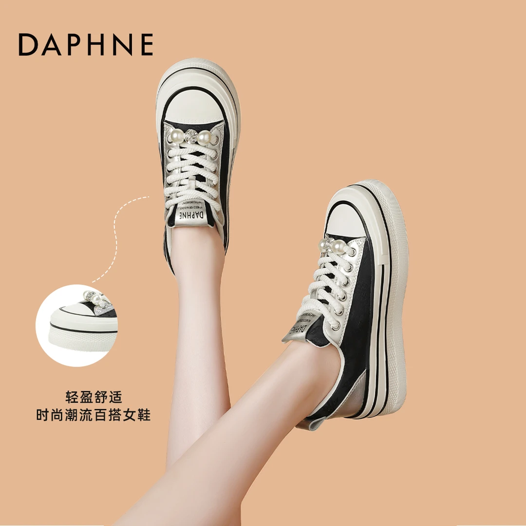 达芙妮达芙妮春季时尚运动厚底真皮薄款绣花透气低帮系带饼干鞋
