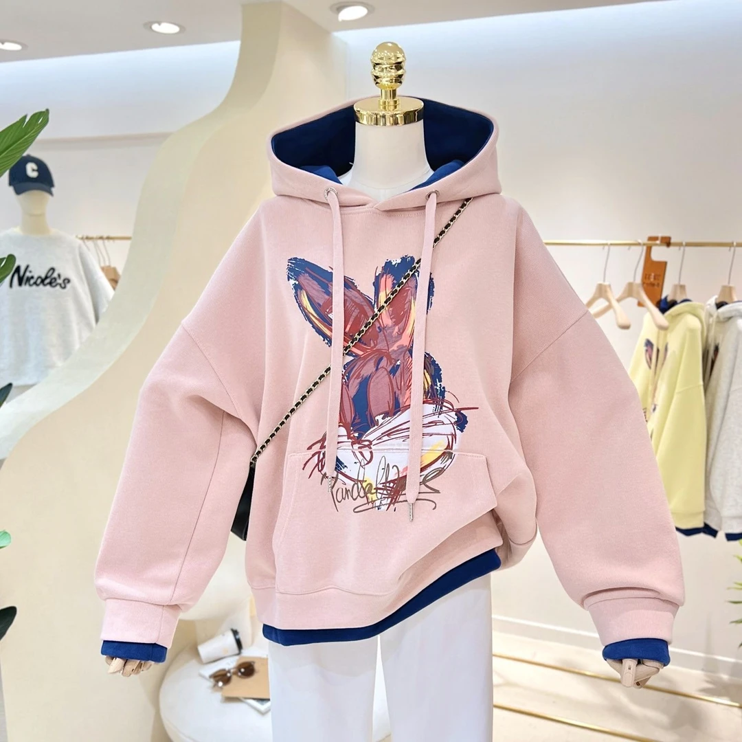 女童加绒卫衣秋冬款2023新款春秋装儿童假两件衣服女大童连帽长袖