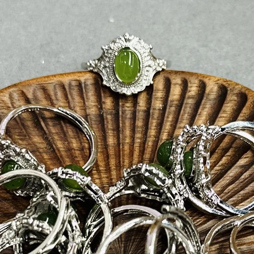 和田碧玉椭圆蛋面花纹戒指（多样性发一件）DZ-1228