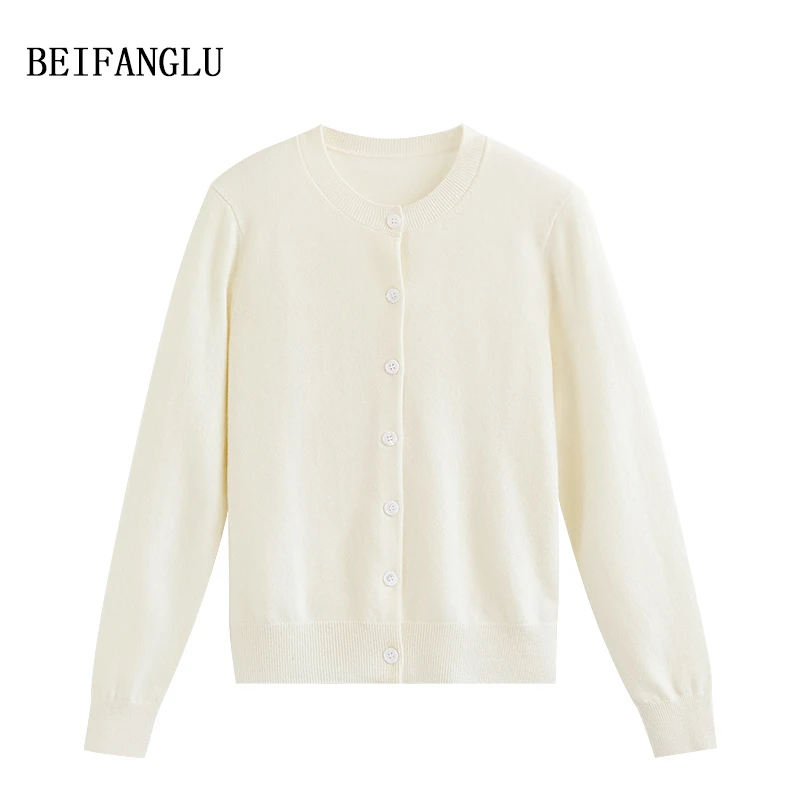 北方鹿 早秋气质圆领简约百搭织带长袖羊毛开衫女5187-1