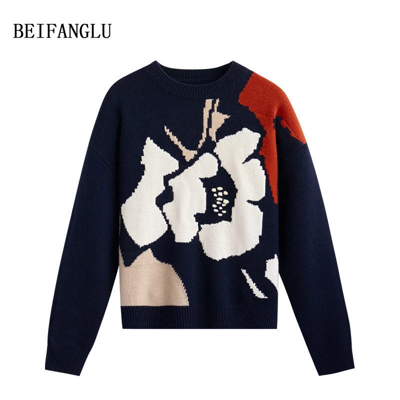 【北方鹿】柜单绵羊毛艺术波普提花2024秋冬圆领套头针织毛衣2331