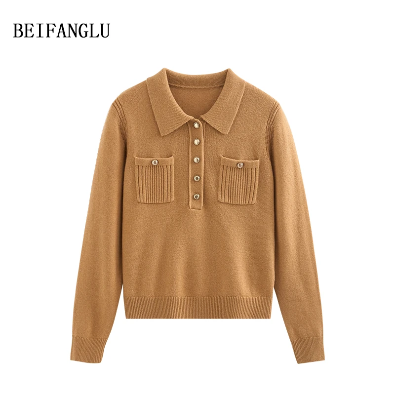 北方鹿 法式英伦腔调 绵羊毛气质POLO领小金扣针织羊毛衫1398