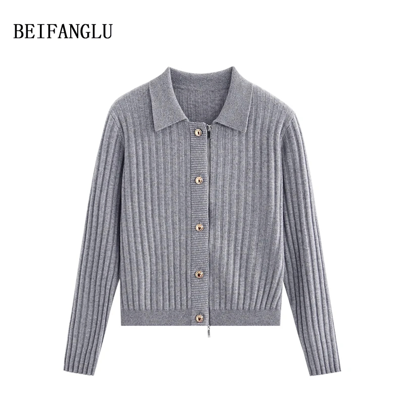 北方鹿 法式轻奢！绵羊毛2024秋冬气质POLO坑条拉链针织开衫1368