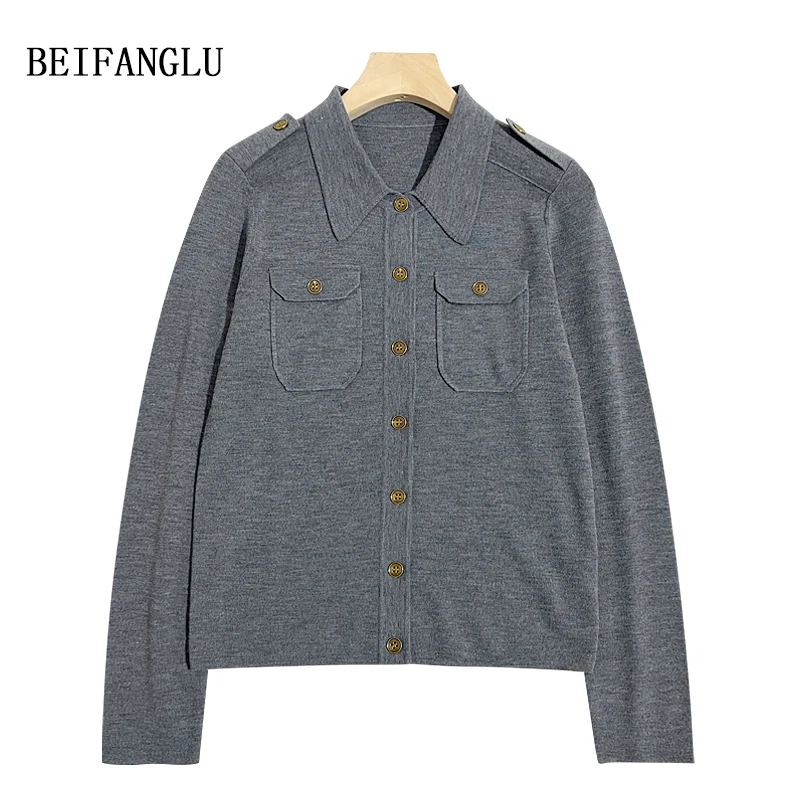 北方鹿【B*C柜单精纺羊毛】秋冬简约POLO肩章扣长袖针织衫W9821