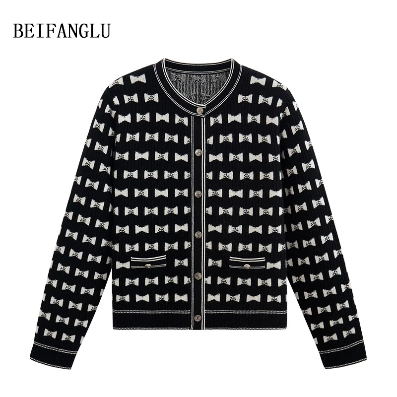 北方鹿【轻奢小香蝴蝶结】绵羊毛早秋气质圆领提花长袖针织开衫6625