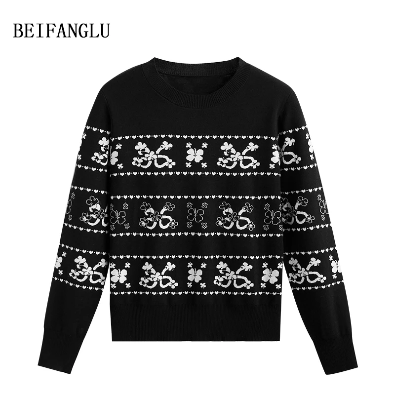 北方鹿【四叶草精纺羊毛】早秋2024气质提花亲肤圆领羊毛针织衫1306