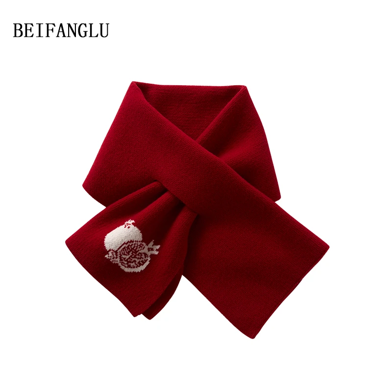 北方鹿【新年红石榴提花】绵羊毛2024秋冬百搭交叉针织小围巾2845