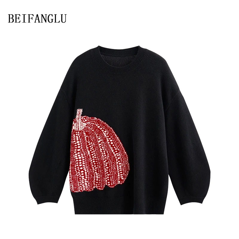 北方鹿【艺术趣味南瓜】绵羊毛2024秋冬气质圆领宽松套头针织衫8026