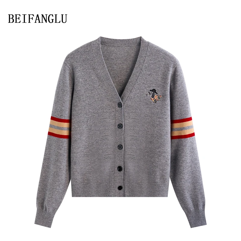 【刺绣小狗】绵羊毛2024秋冬V领针织开衫外套女2495