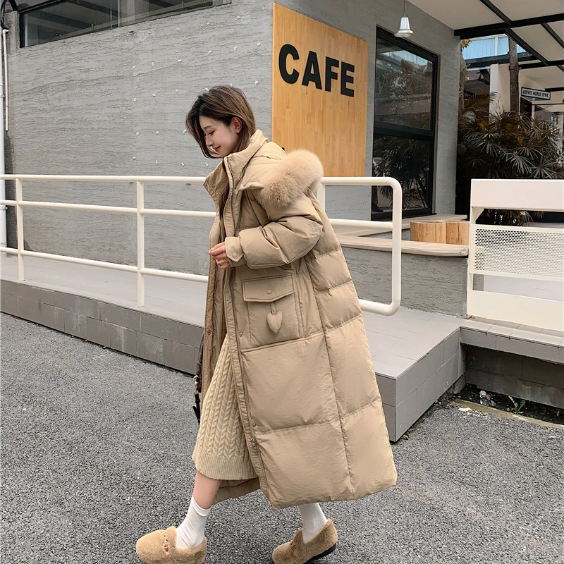 大码显瘦加长款白鸭绒羽绒服女胖mm 加厚宽松连帽过膝毛领H版直筒