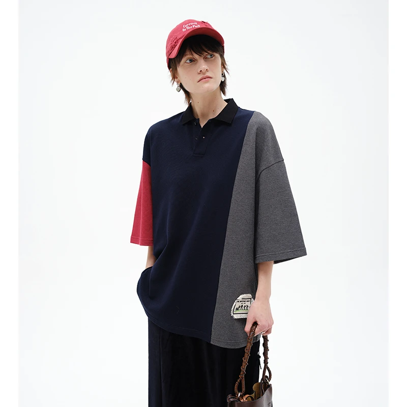 INFFTRUINFFTRU |【拼接Polo】全棉面料 宽松显瘦五分袖拼接Polo衫