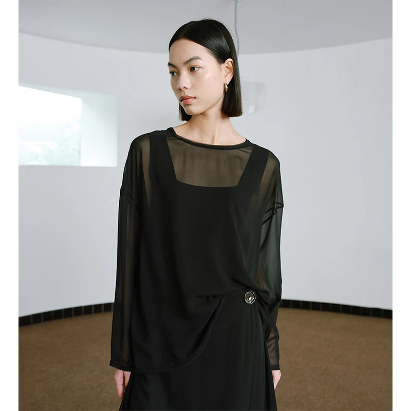 INFFTRU 定制乔其真丝轻薄宽松套头罩衫女+密织曲珠方领背心女