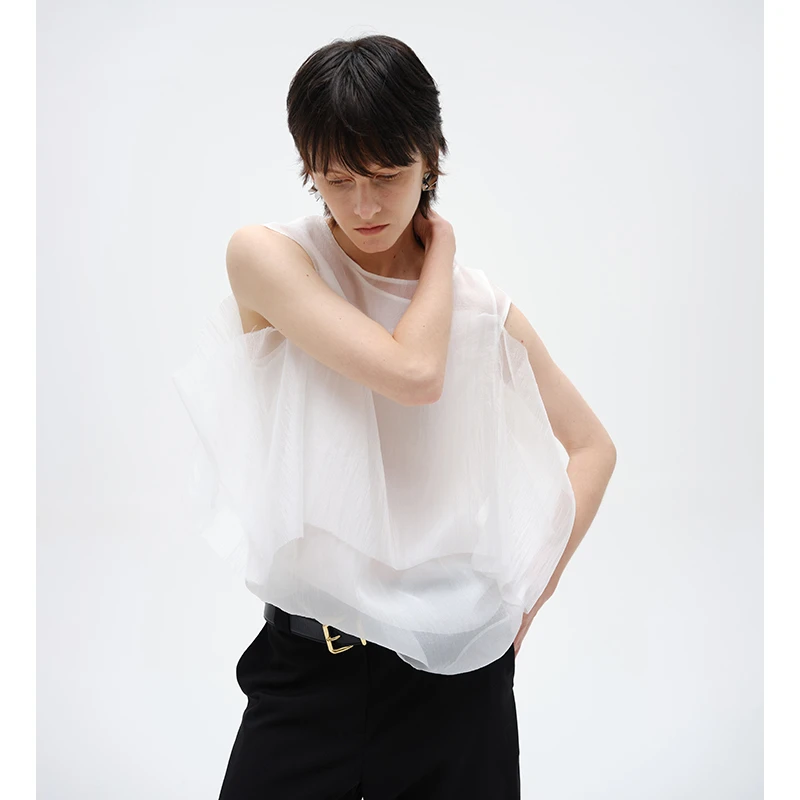 INFFTRU 定制三层云雾纱 层次朦胧感 法式优雅网纱背心女无袖上衣