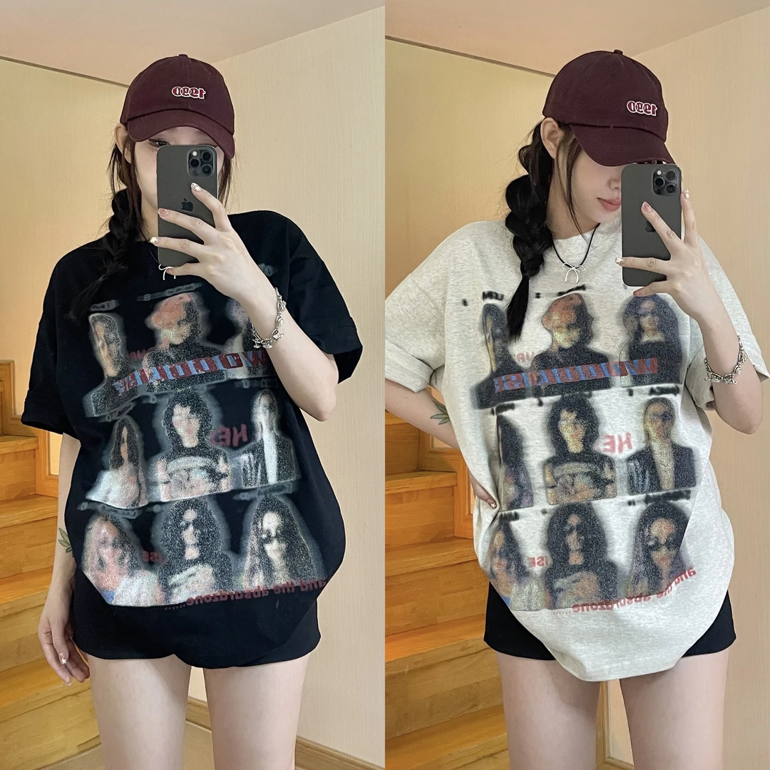 iG【虚幻人像】小众ins中性复古晕染字母纯棉宽松T恤