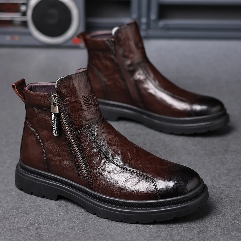 新款百搭潮鞋加绒冬季短筒中帮厚底英伦风时尚休闲韩版真皮马丁靴