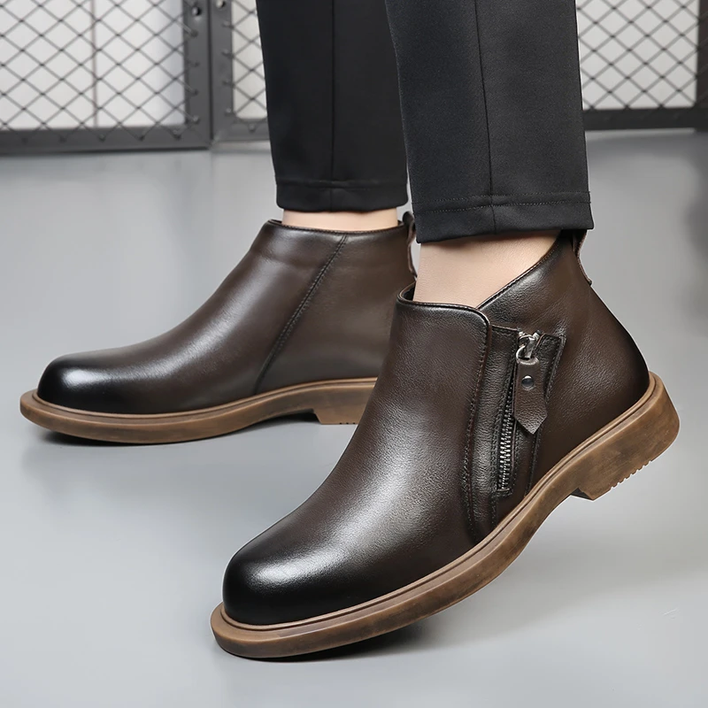 冬季加绒羊毛保暖真皮高帮美拉德风格短靴男士棉鞋商务正装皮靴子