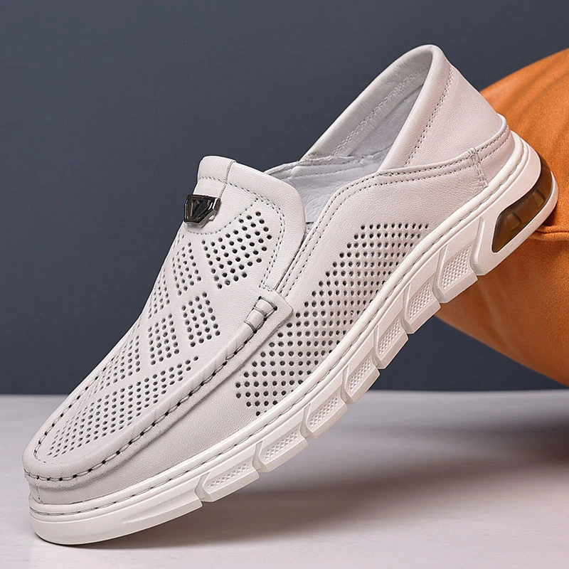 男士夏季凉皮鞋头层羊皮休闲软底凉鞋男镂空洞洞鞋真皮透气爸爸鞋