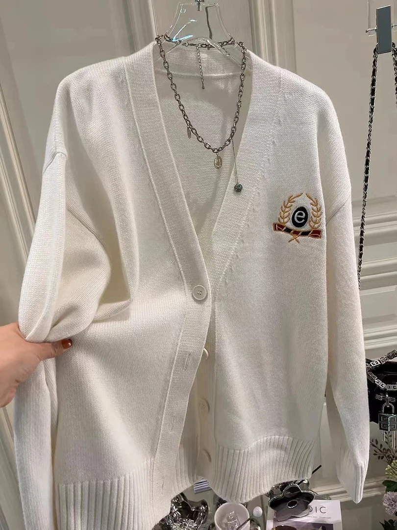 杨姐家好品毛衣麦穗慵懒风V领开衫奶白色