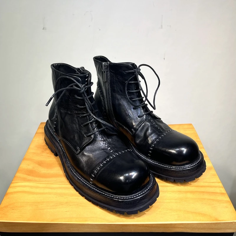 男鞋手工时尚男士复古马皮皮靴真皮圆头耐磨男马丁靴厚底机车靴