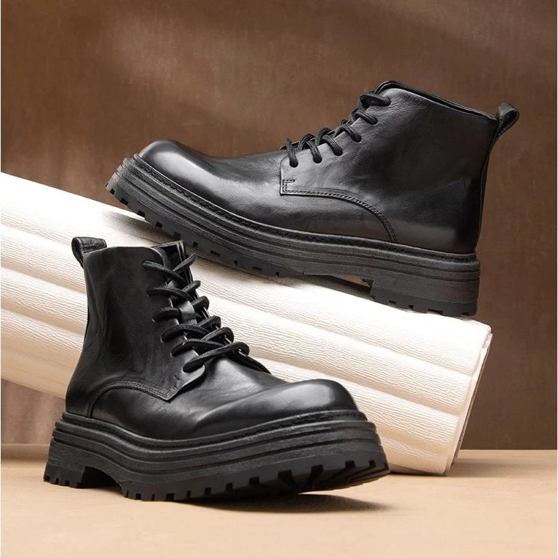 2025马皮新款厚底马丁靴男真皮增高手工复古风机车靴男士短靴休闲